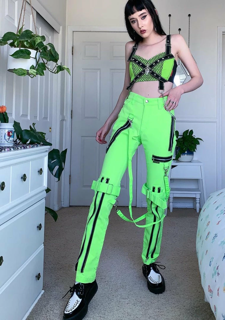 Tripp NYC Bottoms Neon Lime Zipper Strap Cargo Pants 4 Tripp NYC Bottoms Neon Lime Zipper Strap Cargo Pants