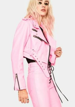 Tripp NYC Pink Cropped Moto Jacket Outerwear