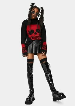 Tripp NYC Tops Red Knit Skull Sweater