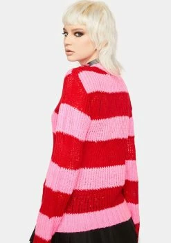 Tripp NYC Pink Red Open Stripe Knit Sweater Tops