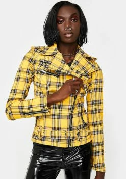 Tripp NYC Yellow Plaid Wild Child Moto Jacket Outerwear