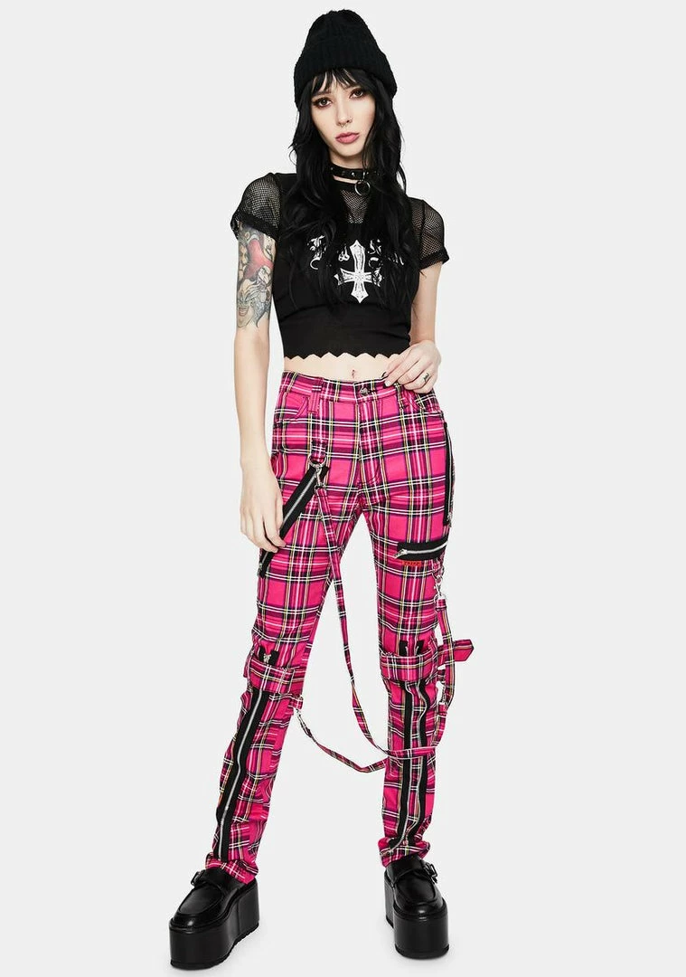Tripp NYC Neon Pink Plaid Bondage Pants Bottoms 4 Tripp NYC Neon Pink Plaid Bondage Pants Bottoms