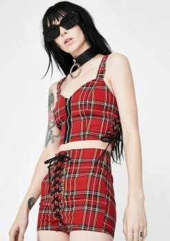 Tripp NYC Red Plaid Side Lace-Up Crop Top Tops