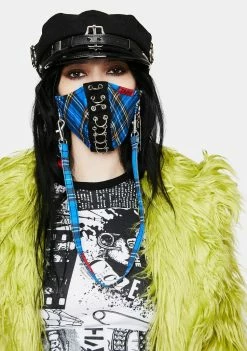 Tripp NYC Blue Plaid Piercing Face Mask Face Masks