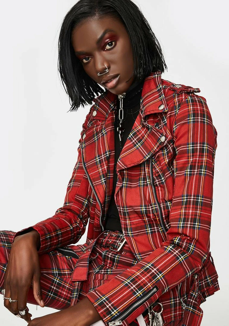 Tripp NYC Outerwear Red Plaid Wild Child Moto Jacket 4 Tripp NYC Outerwear Red Plaid Wild Child Moto Jacket