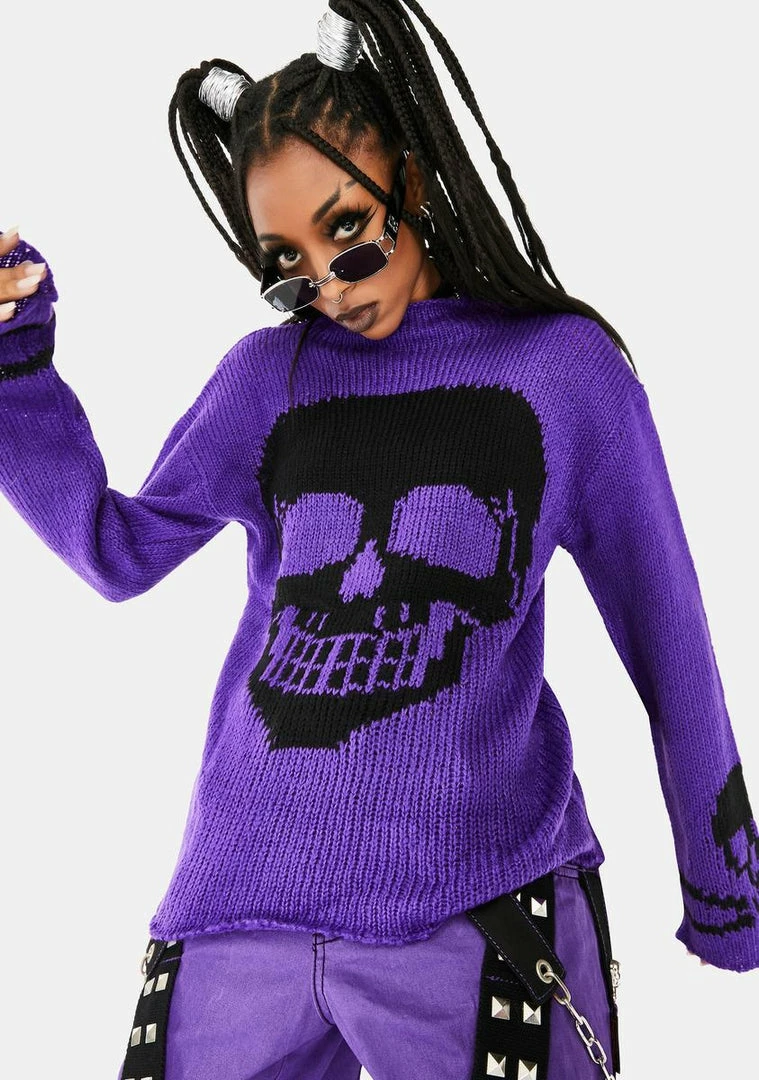 Tripp NYC Purple Knit Skull Sweater Tops 4 Tripp NYC Purple Knit Skull Sweater Tops
