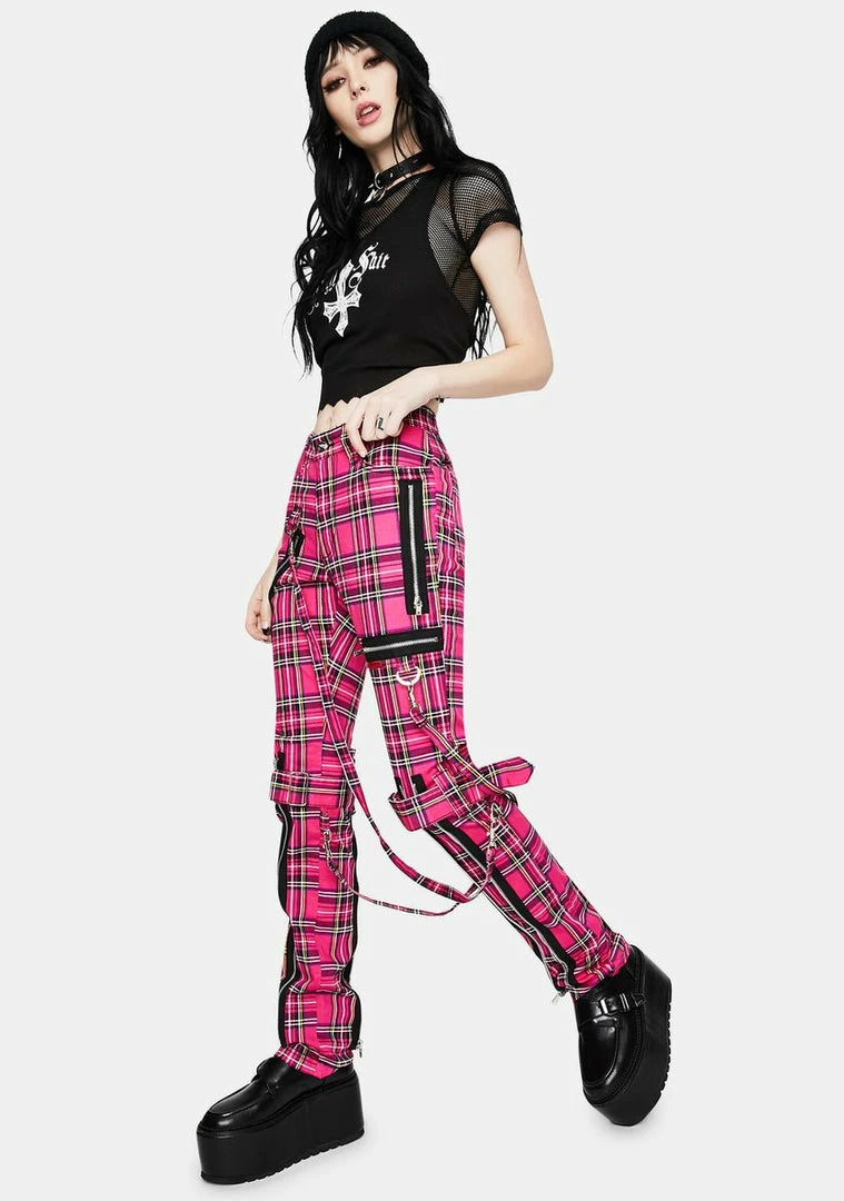 Tripp NYC Neon Pink Plaid Bondage Pants Bottoms 5 Tripp NYC Neon Pink Plaid Bondage Pants Bottoms