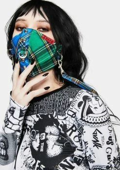 Tripp NYC Face Masks Blue Green Plaid Split Studs Face Mask