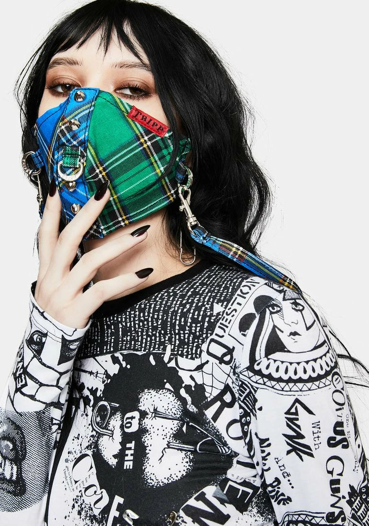 Tripp NYC Face Masks Blue Green Plaid Split Studs Face Mask 4 Tripp NYC Face Masks Blue Green Plaid Split Studs Face Mask