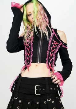 Tripp NYC Outerwear Pink Lace Crop Hoodie