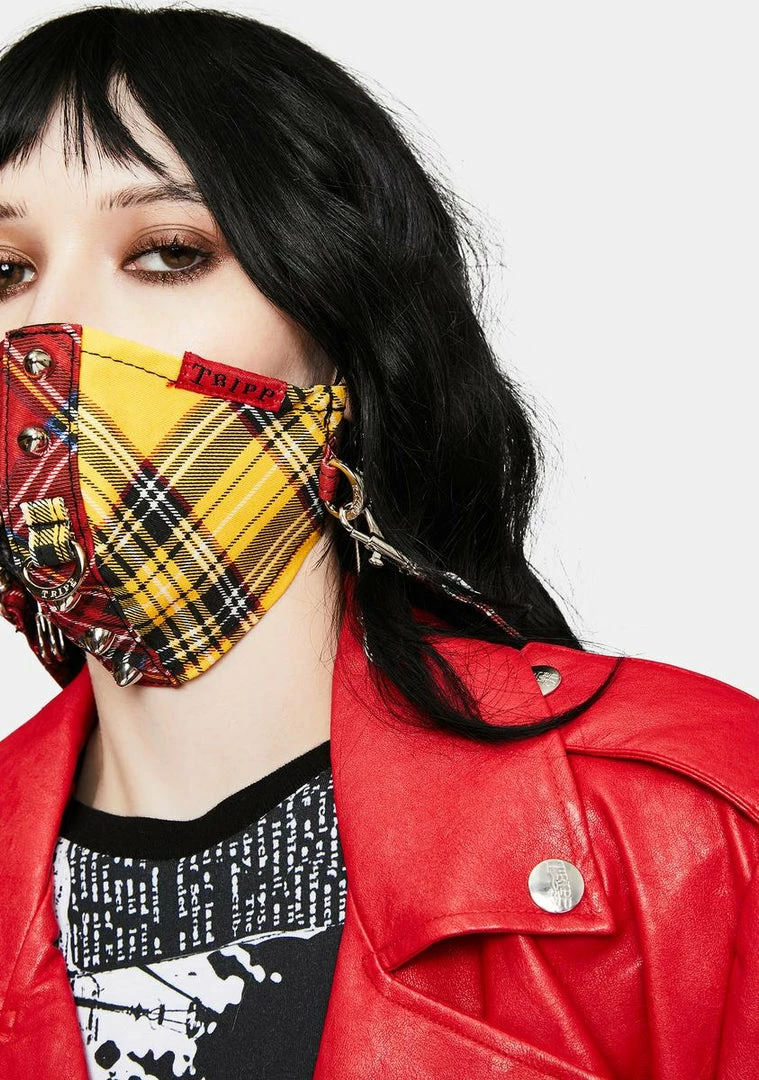 Tripp NYC Red Yellow Plaid Split Studs Face Mask 4 Tripp NYC Red Yellow Plaid Split Studs Face Mask