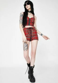 Tripp NYC Red Plaid High Waist Corset Shorts Bottoms