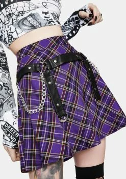 Tripp NYC Bottoms Purple Plaid Harness Strap Chain Mini Skirt