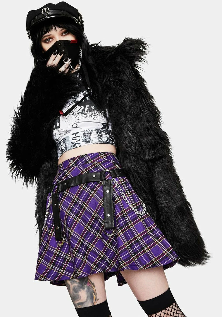 Tripp NYC Bottoms Purple Plaid Harness Strap Chain Mini Skirt 4 Tripp NYC Bottoms Purple Plaid Harness Strap Chain Mini Skirt