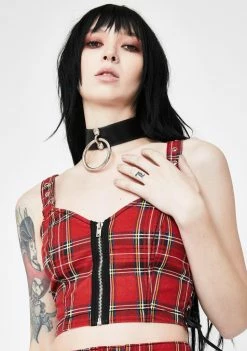 Tripp NYC Red Plaid Side Lace-Up Crop Top Tops