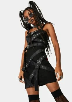 Tripp NYC Dresses Faux Leather Belted Bondage Mini Dress