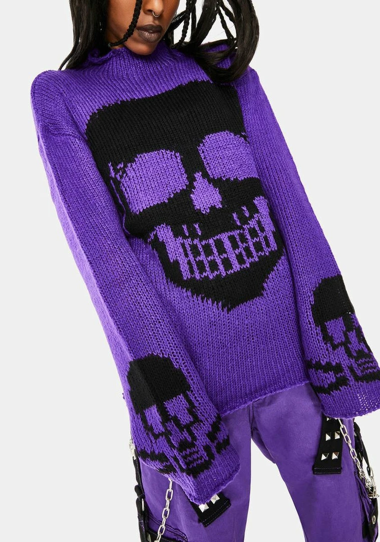 Tripp NYC Purple Knit Skull Sweater Tops 3 Tripp NYC Purple Knit Skull Sweater Tops
