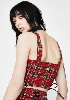 Tripp NYC Red Plaid Side Lace-Up Crop Top Tops 9 Tripp NYC Red Plaid Side Lace-Up Crop Top Tops