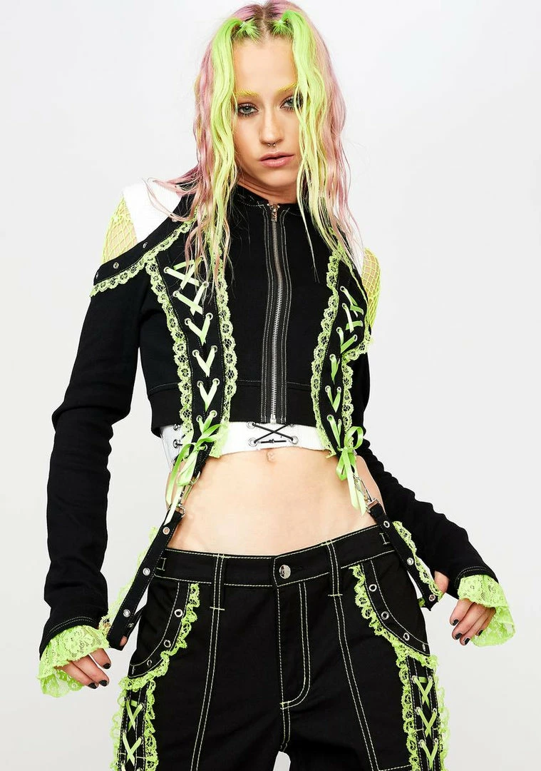 Tripp NYC Outerwear Green Lace Crop Hoodie 3 Tripp NYC Outerwear Green Lace Crop Hoodie