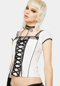 Tripp NYC Tops Cap Sleeve Skull Embroidery Corset