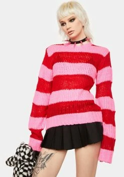 Tripp NYC Pink Red Open Stripe Knit Sweater Tops