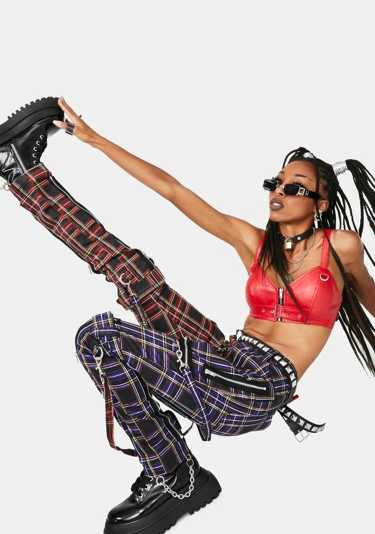 Tripp NYC Purple Split Leg Plaid Bondage Pants Bottoms 4 Tripp NYC Purple Split Leg Plaid Bondage Pants Bottoms