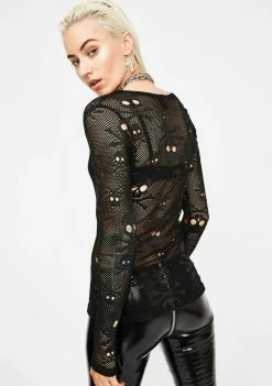 Tripp NYC Tops LS Skull Mesh Top