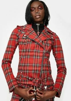 Tripp NYC Outerwear Red Plaid Wild Child Moto Jacket