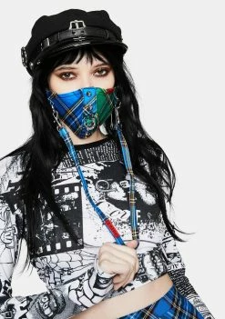 Tripp NYC Face Masks Blue Green Plaid Split Studs Face Mask