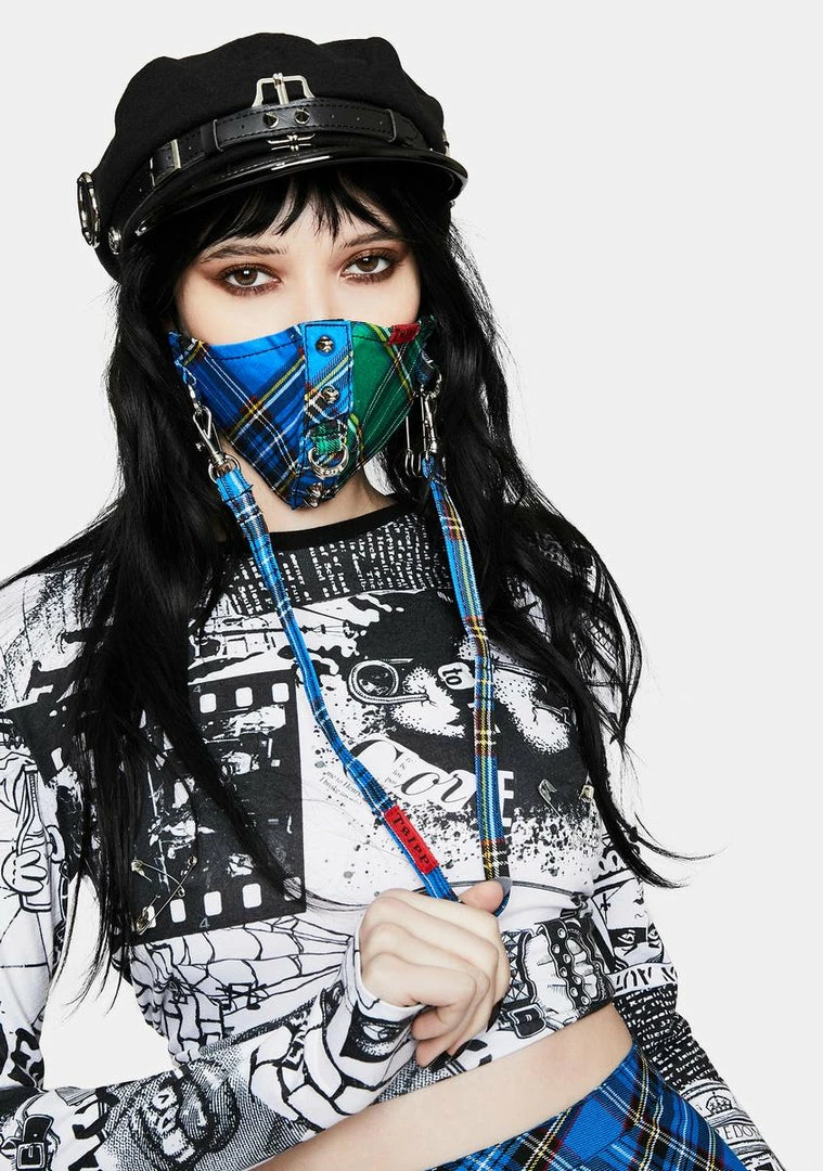 Tripp NYC Face Masks Blue Green Plaid Split Studs Face Mask 3 Tripp NYC Face Masks Blue Green Plaid Split Studs Face Mask