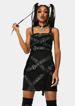 Tripp NYC Dresses Faux Leather Belted Bondage Mini Dress